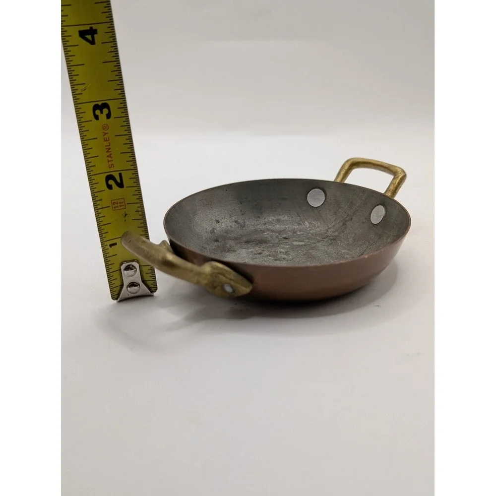 Vintage Miniature Copper Skillet Brass Handles Small Decorative Frying Pan 3.5in